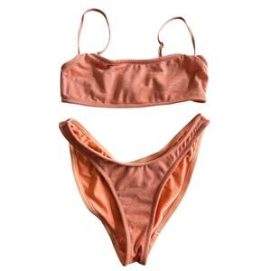 TRIANGL Bikini Set Small Coral Peach Shimmer Bandeau High Cut 2 Piece + Bag